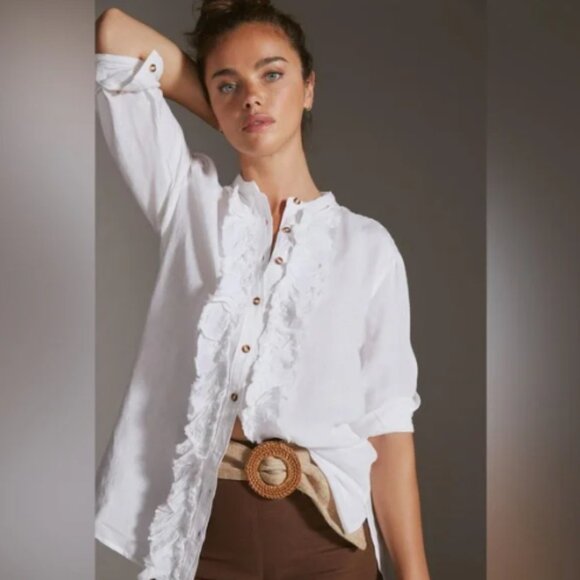 Pilcro Women's Ruffled Placket Button-Up Western Linen Blend Shirt Size S White - Picture 2 of 11